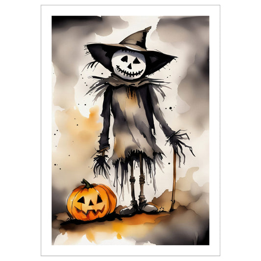 Denne plakaten viser et skummelt fugleskremsel med et bredt, skjelettaktig smil, akkompagnert av et tradisjonelt Jack-O'-Lantern gresskar. 