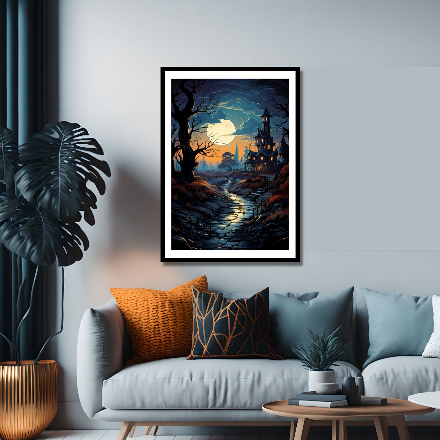 Med et skremmende, gammelt herskapshus opplyst av en stor fullmåne og omgitt av skygger, fanger dette kunstverket Halloween-atmosfæren perfekt. llustrasjonsfoto viser plakat i sort ramme.