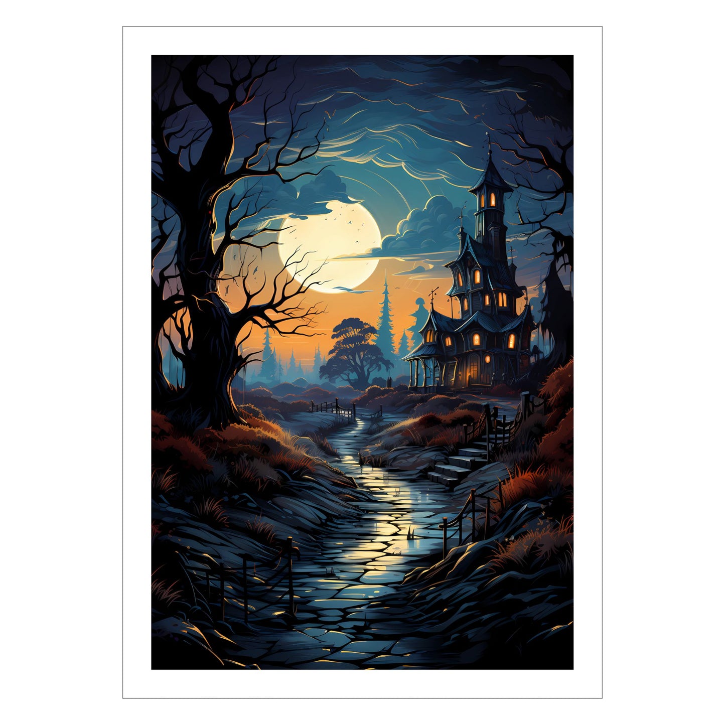 Creepy plakat med motiv av Halloween slott ved fullmåne. 