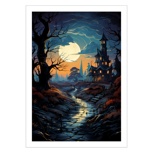 Med et skremmende, gammelt herskapshus opplyst av en stor fullmåne og omgitt av skygger, fanger dette kunstverket Halloween-atmosfæren perfekt.