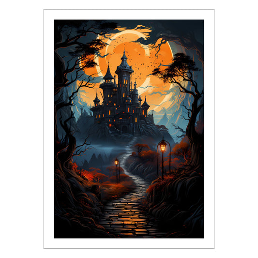 Creepy plakat med motiv av Halloween slott ved fullmåne. Motivet viser nattmørke og lys i vinduene.