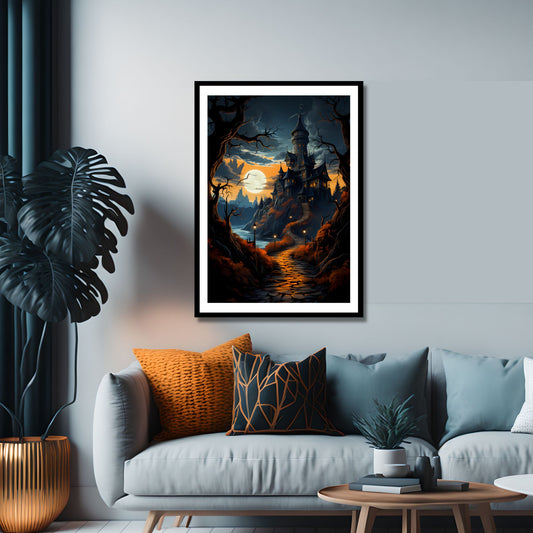 Creepy plakat med motiv av Halloween slott ved fullmåne. Motivet viser nattmørke og lys i vinduene. Bildet som har en hvit kant, er rammet inn i sort ramme og henger på en vegg over en sofa.