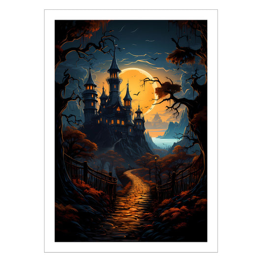 Creepy plakat med motiv av Halloween slott ved fullmåne. Motivet viser nattmørke og lys i vinduene.