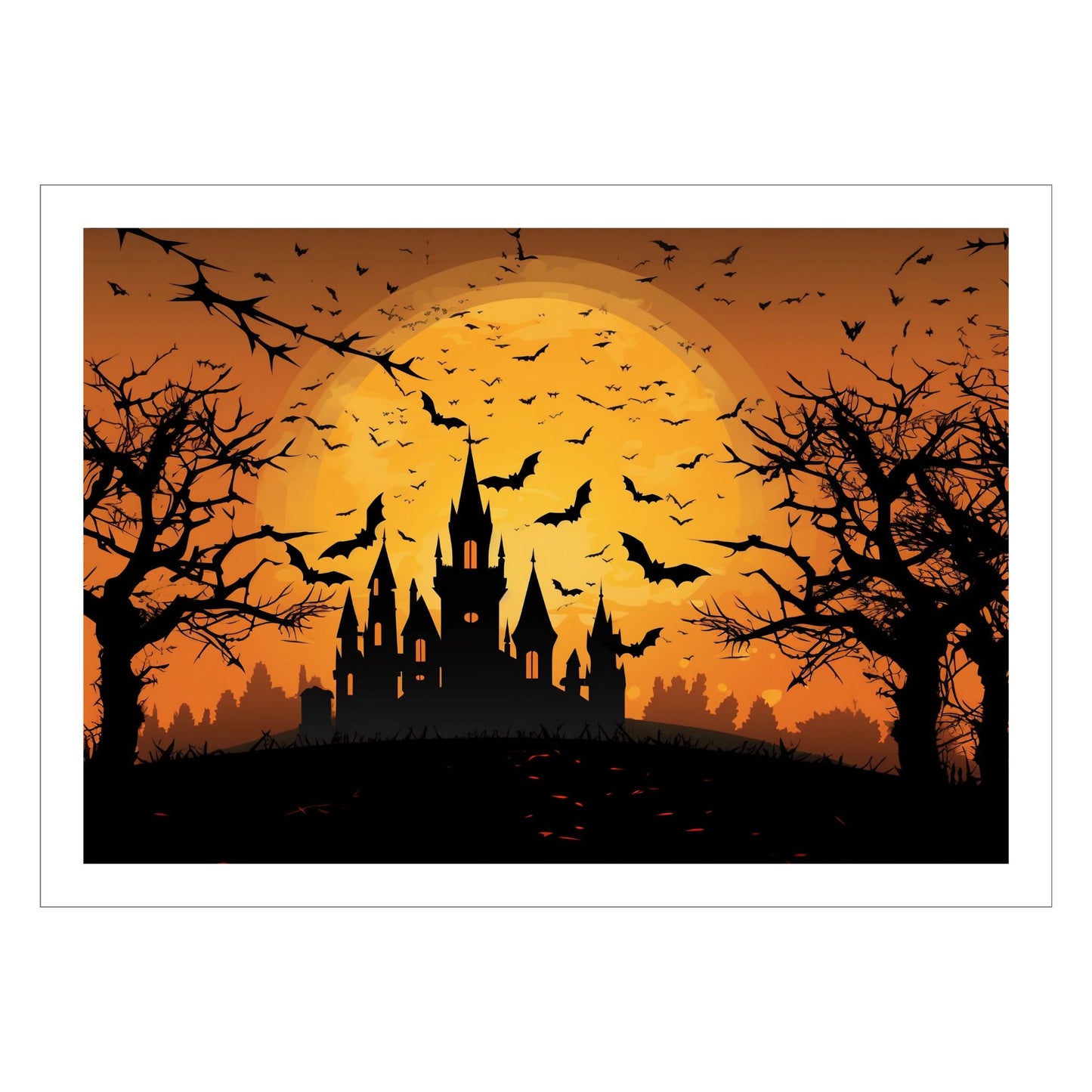 Creepy plakat med motiv av Halloween slott ved fullmåne. Motivet viser nattmørke med flaggermus og lys i vinduene.