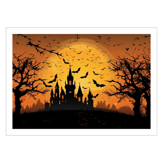 Skap den perfekte Halloween-stemningen med Midnight Castle, en mystisk Halloween-plakat som fanger et skremmende slott badet i fullmånens lys, omgitt av flaggermus og mørke skyer