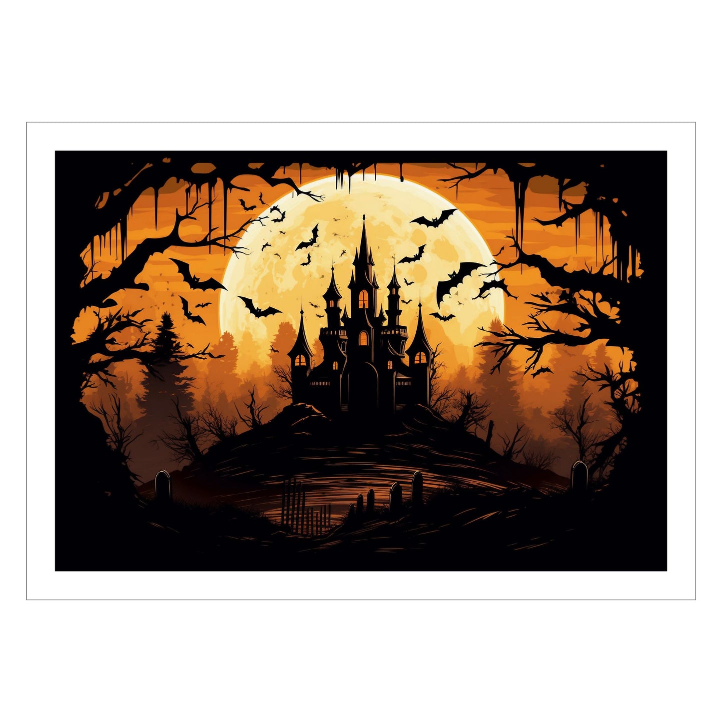 Creepy plakat med motiv av Halloween slott ved fullmåne. Motivet viser nattmørke med flaggermus og lys i vinduene.