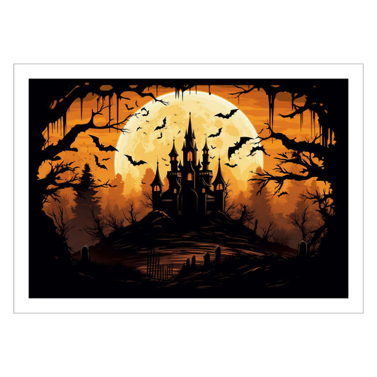 Skap den perfekte Halloween-stemningen med Midnight Castle, en mystisk Halloween-plakat som fanger et skremmende slott badet i fullmånens lys, omgitt av flaggermus og mørke skyer. 