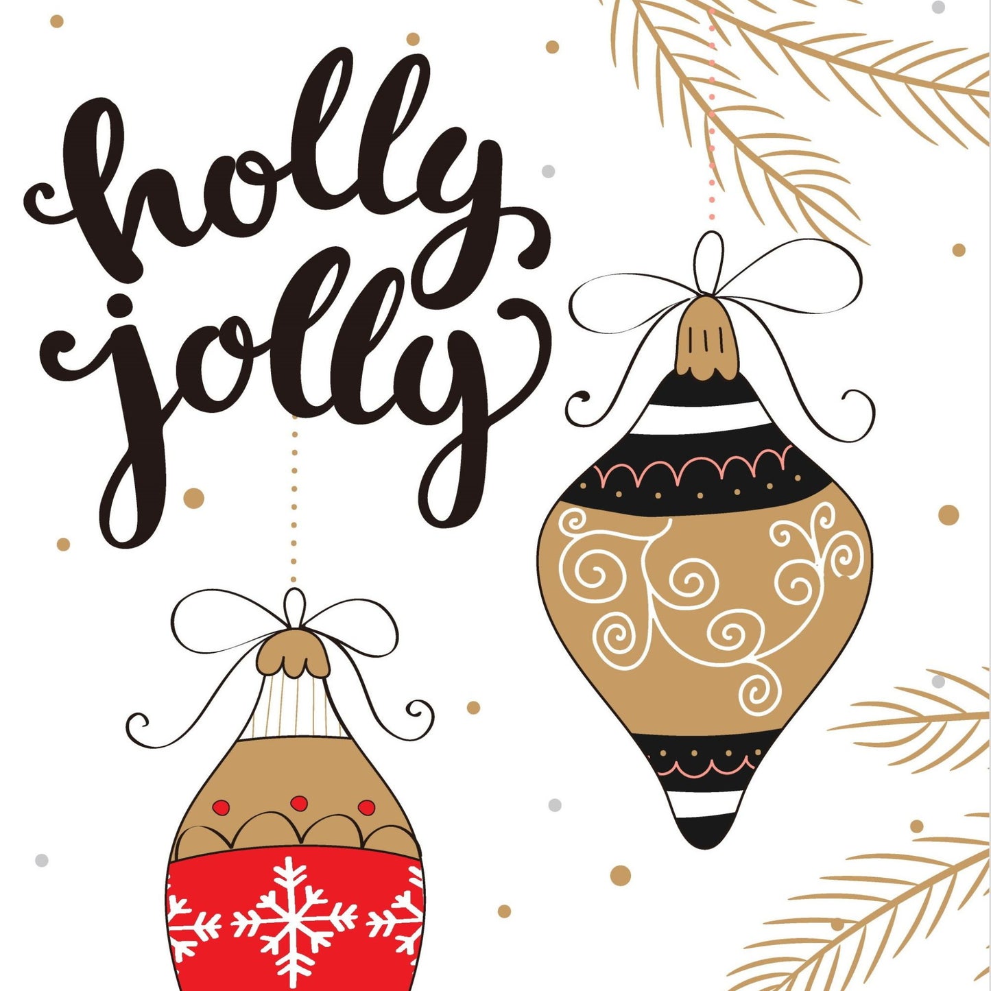 Søte julekort i håndtegnet cartoon. 10 pk. Fargemyanser i rød, grå, sort, hvit og gull. motiv av to julekuler. Tekst på kort"holly jolly"