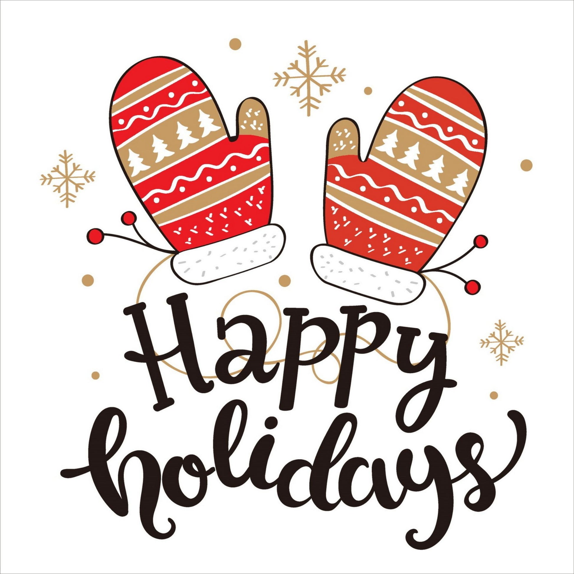 Søte julekort i håndtegnet cartoon. 10 pk. Fargemyanser i rød, grå, sort, hvit og gull. Motiv av et par røde votter med mønster i hvitt og gull. Tekst på kort "happy holidays"