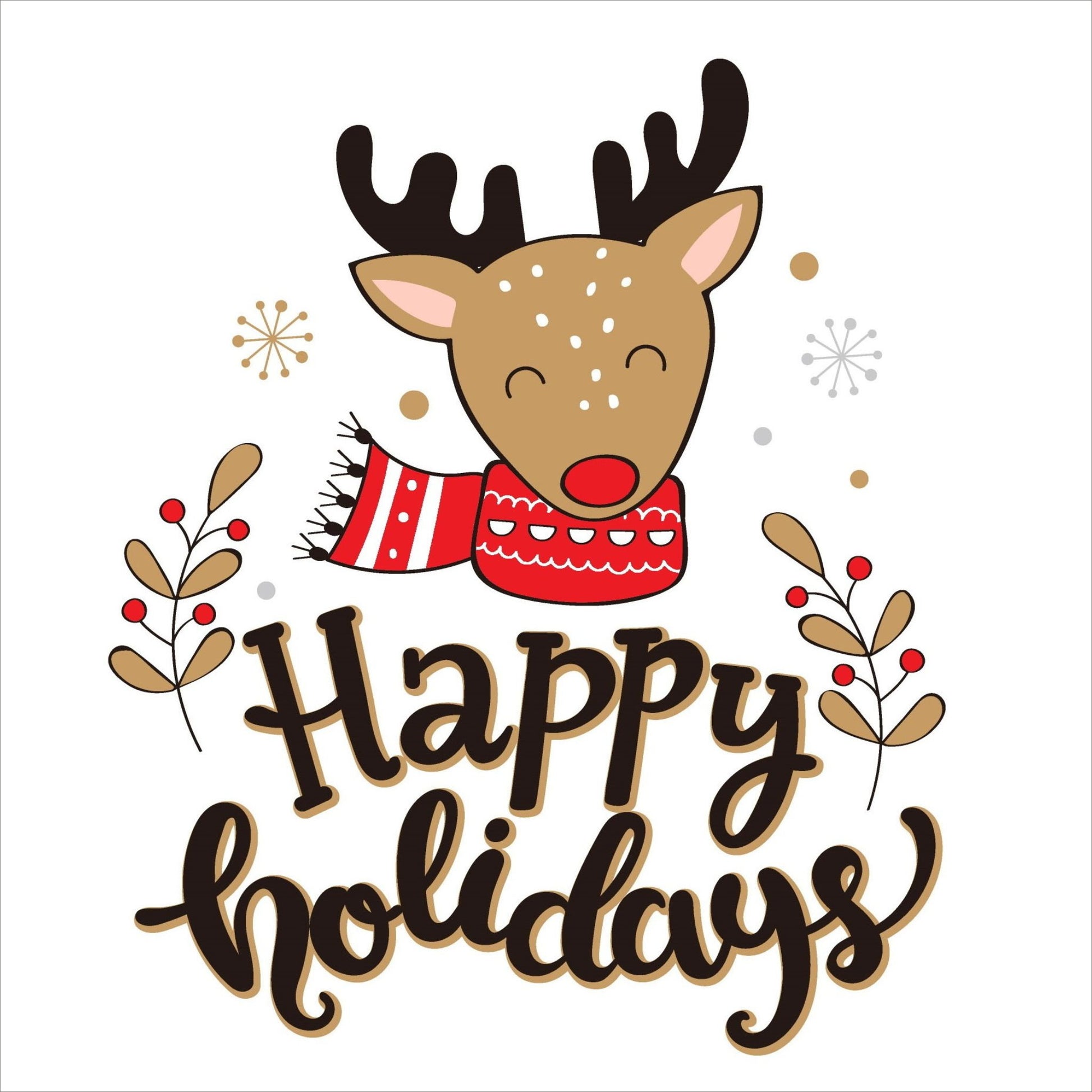 Søte julekort i håndtegnet cartoon. 10 pk. Fargemyanser i rød, grå, sort, hvit og gull.  Motiv av et reinsdyr med rødt skjerf. Tekst på kort "happy holidays"