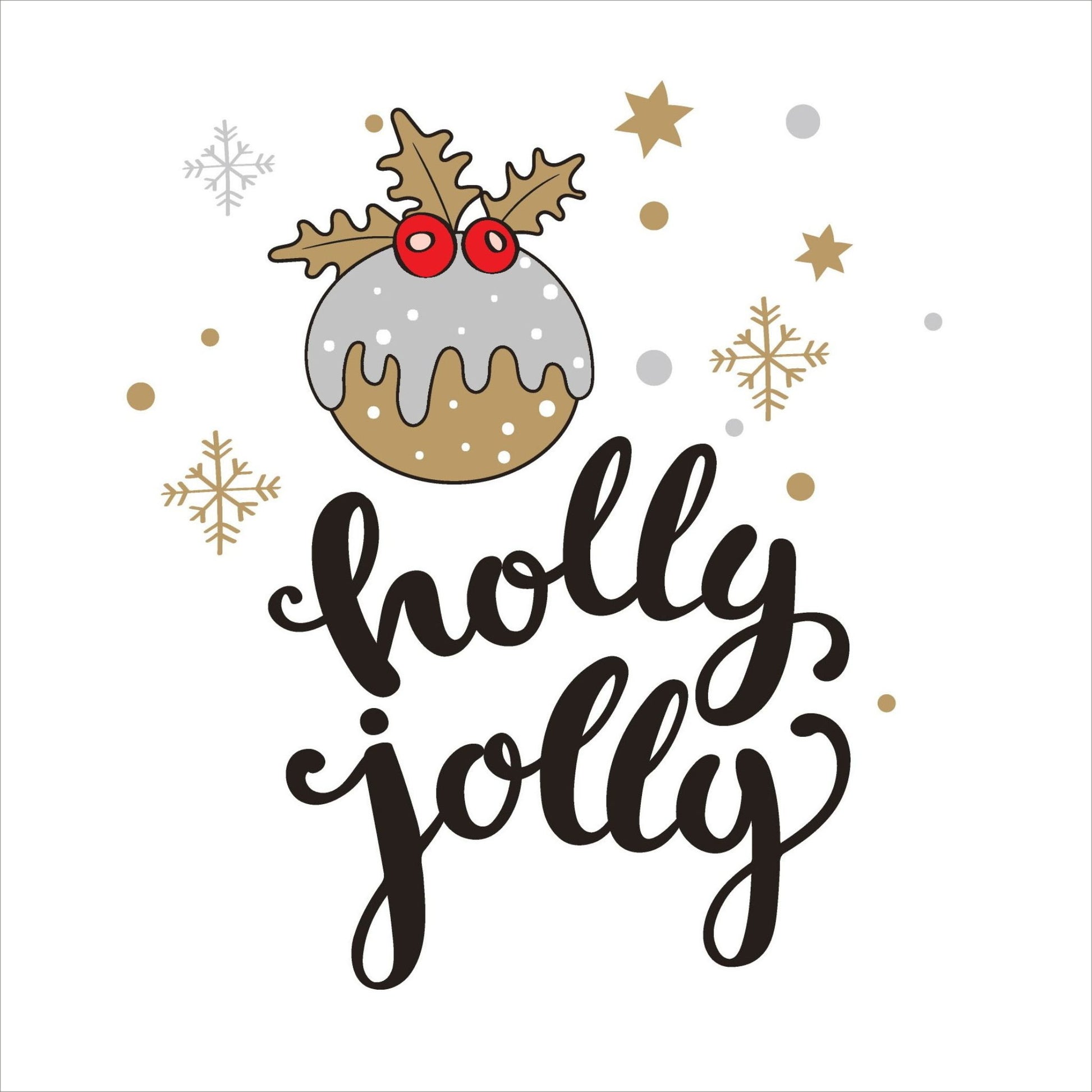 Søte julekort i håndtegnet cartoon. 10 pk. Fargemyanser i rød, grå, sort, hvit og gull. Motiv av en julekule. Tekst på kort "holly jolly"