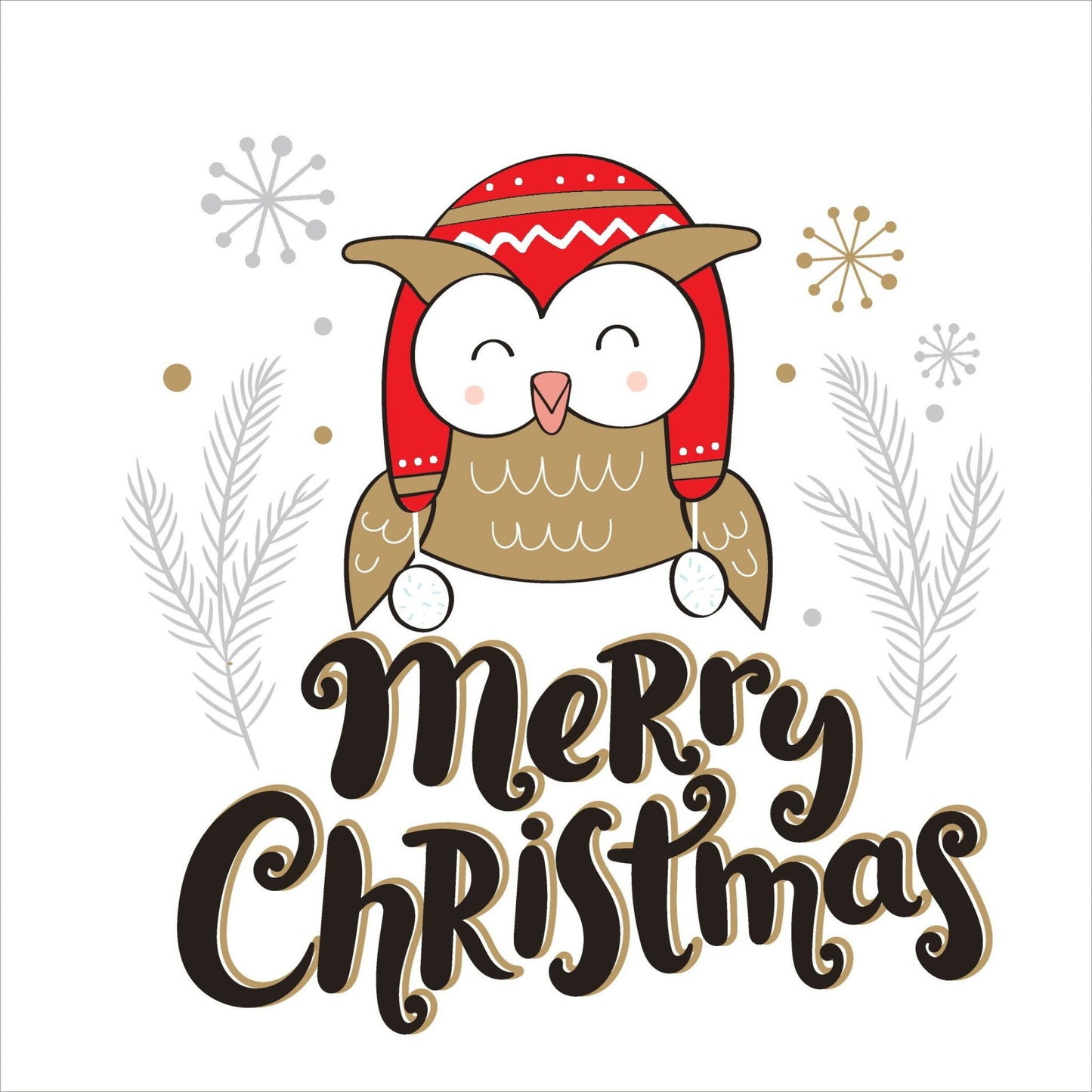 Søte julekort i håndtegnet cartoon. 10 pk. Fargemyanser i rød, grå, sort, hvit og gull. Motiv av en ugle som har på en rød lue med hvite dusker. Tekst på kort "merry christmas"