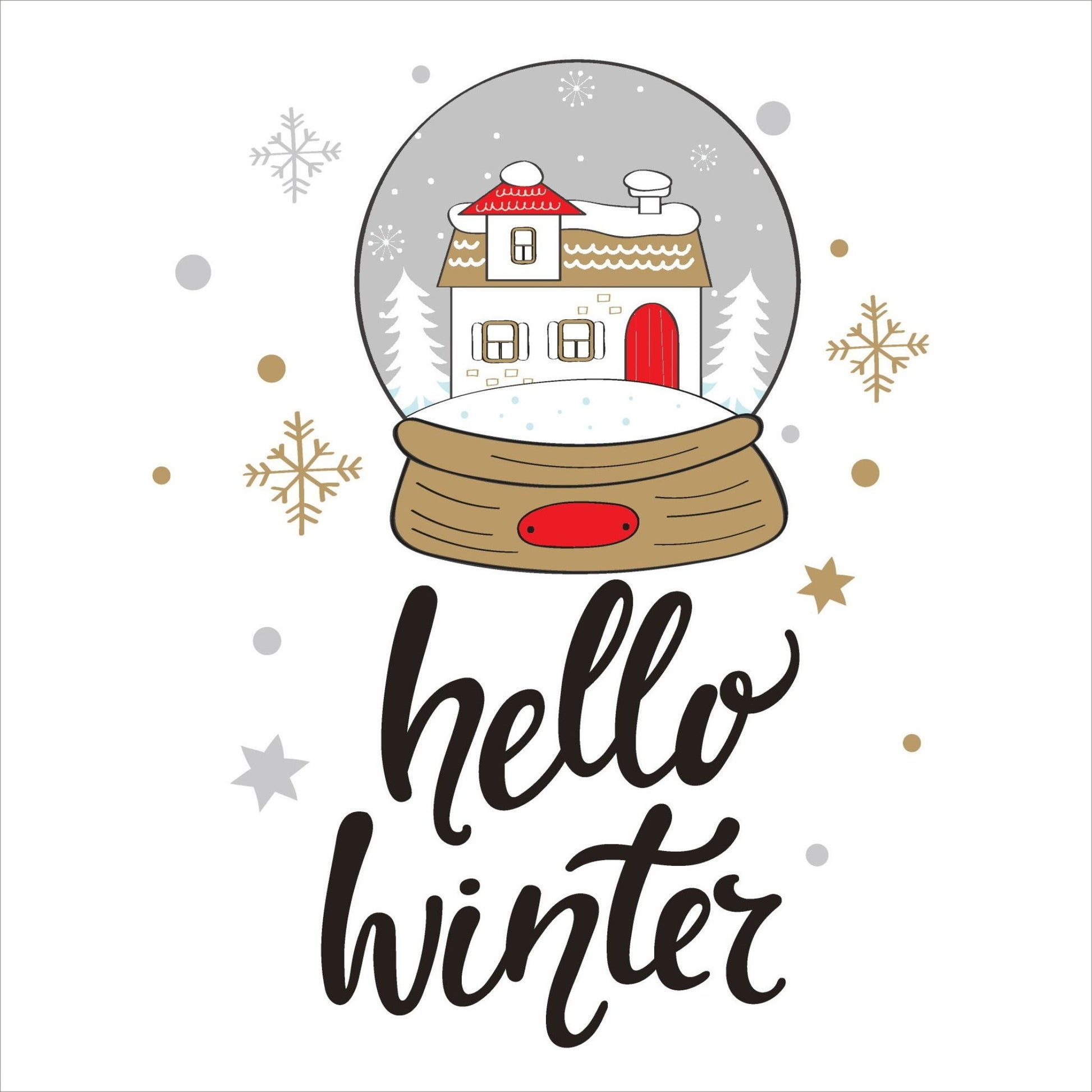 Søte julekort i håndtegnet cartoon. 10 pk. Fargemyanser i rød, grå, sort, hvit og gull.  Motiv av en julekule med eet hus. Tekst på kort "hello winter"