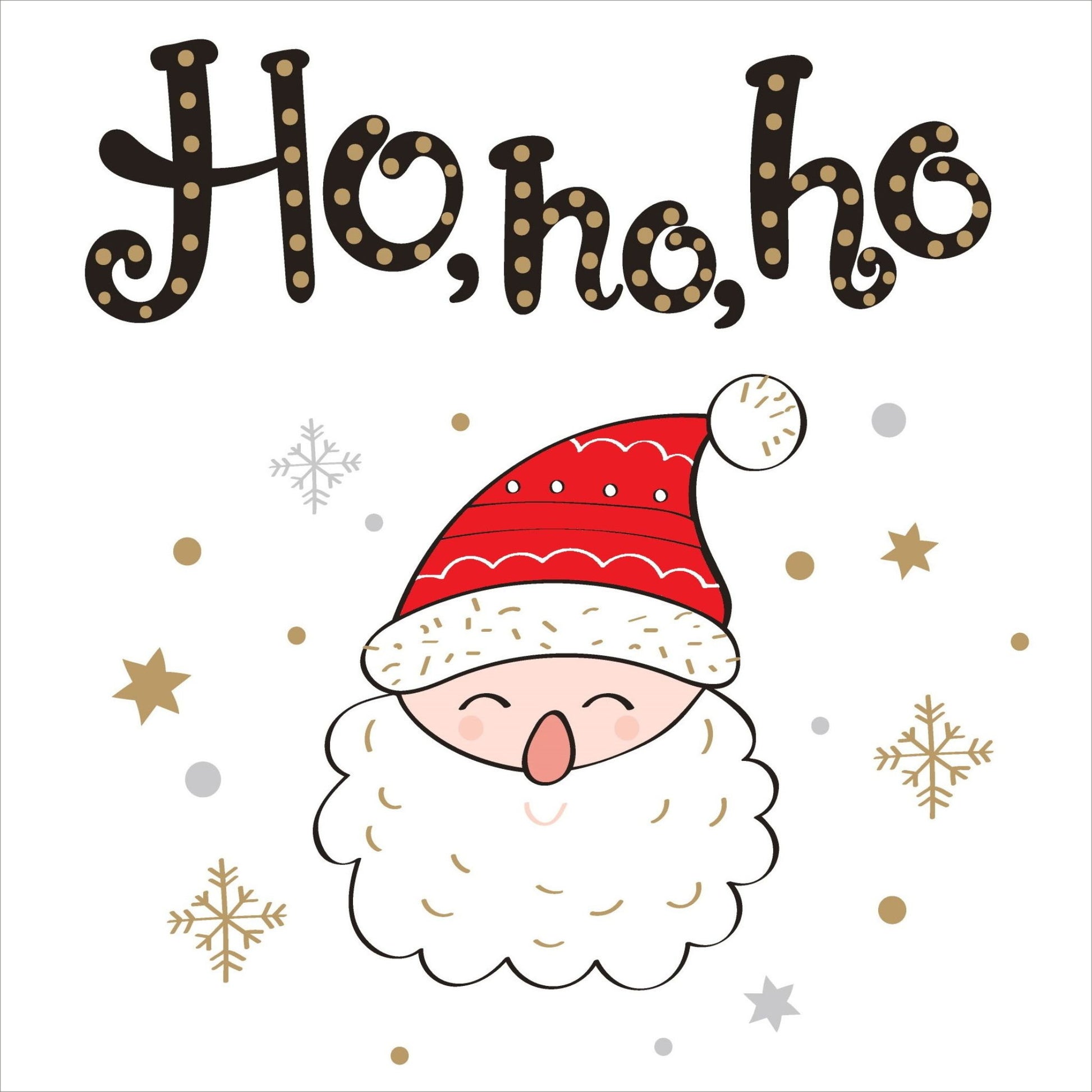 Søte julekort i håndtegnet cartoon. 10 pk. Fargemyanser i rød, grå, sort, hvit og gull.  Motiv av en blid nisse med rød lue. Tekst på kort "ho, ho, ho"