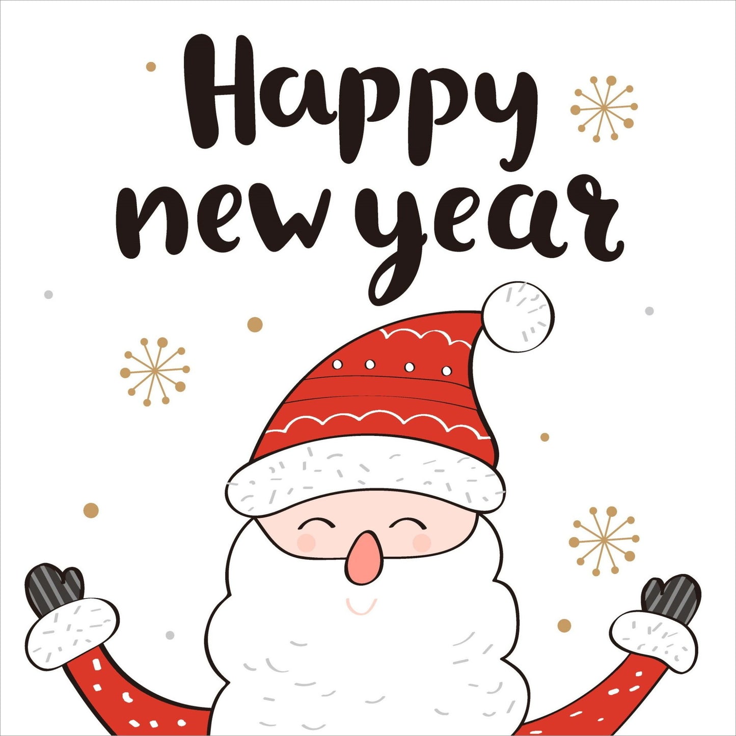 Søte julekort i håndtegnet cartoon. 10 pk. Fargemyanser i rød, grå, sort, hvit og gull.  Motiv av en blid julenisse. Tekst på kort "happy new year"