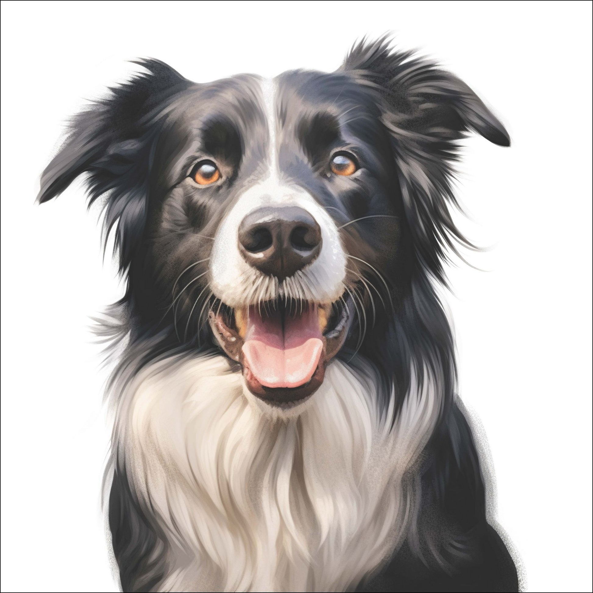 Dette livlige motivet viser en lykkelig border collie med sitt karakteristiske uttrykk, klar til å bringe et smil til ansiktet til enhver dyreelsker. 
