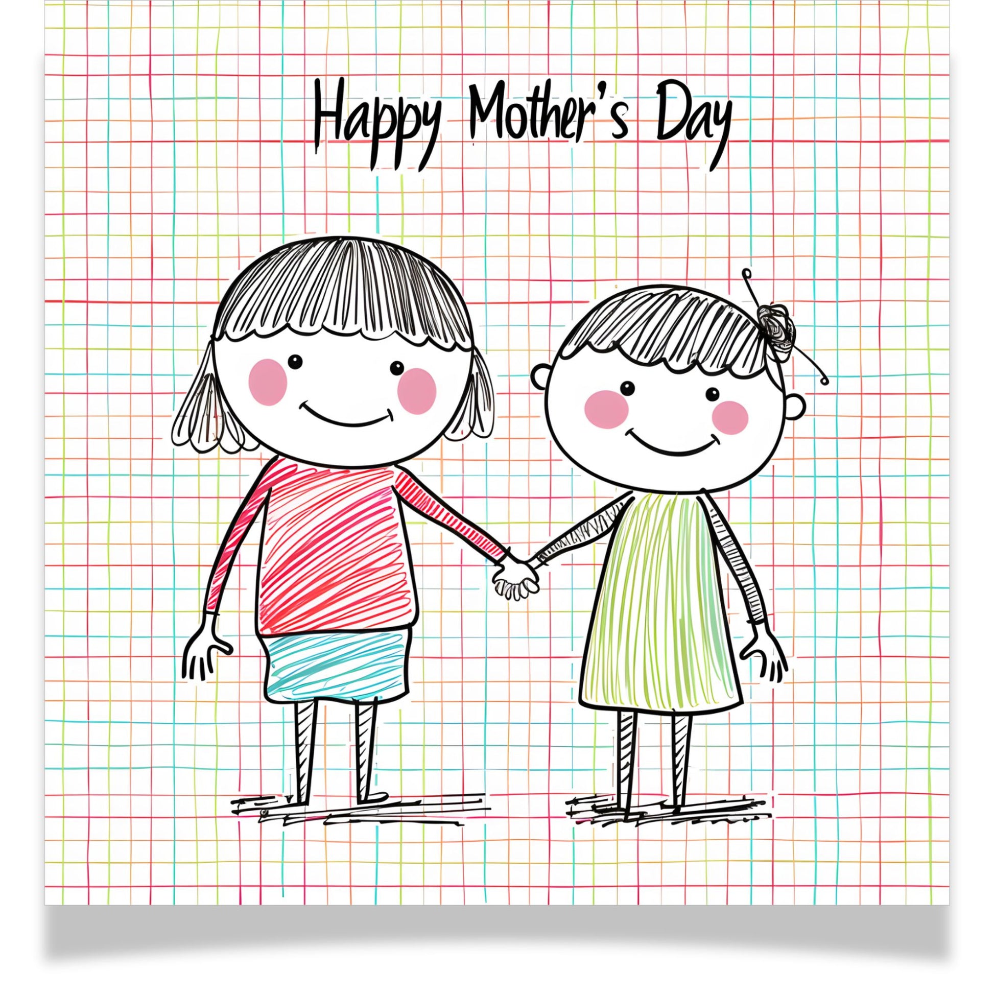 Gjør morsdagen ekstra spesiell med dette sjarmerende kortet med en håndtegnet illustrasjon av to glade barn og teksten "Happy Mother's Day"