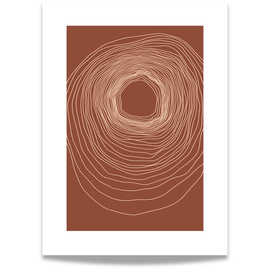 "Harmoniens Kjerne" er en minimalistisk plakat inspirert av naturens organiske vekst. De sirkulære linjene gir en hypnotisk dybde, som minner om årringene i et tre eller energisirkler i naturen.