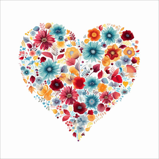 Grafisk kort med fargerike blomster som er formet som hjerte.