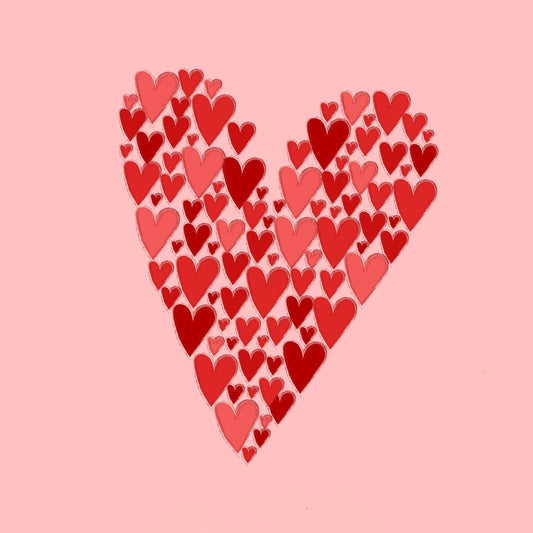 Grafiske kort med et stort hjerte formet av mange små hjerter.