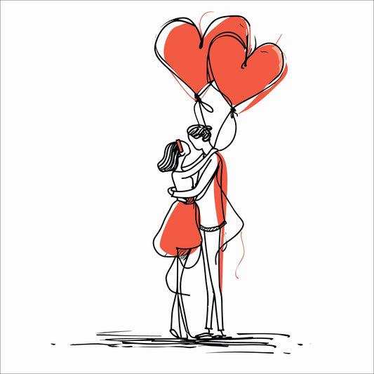 Grafisk kort med et kjærestepar og røde ballonghjerter.