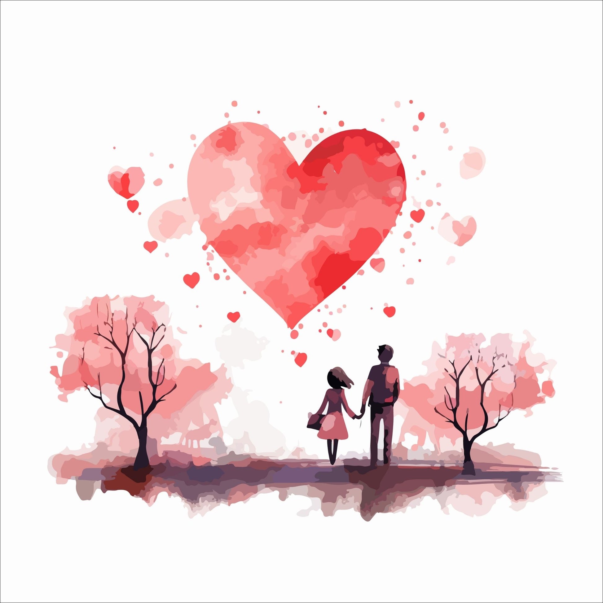 Grafisk kort med kjærestepar og røde hjerter.