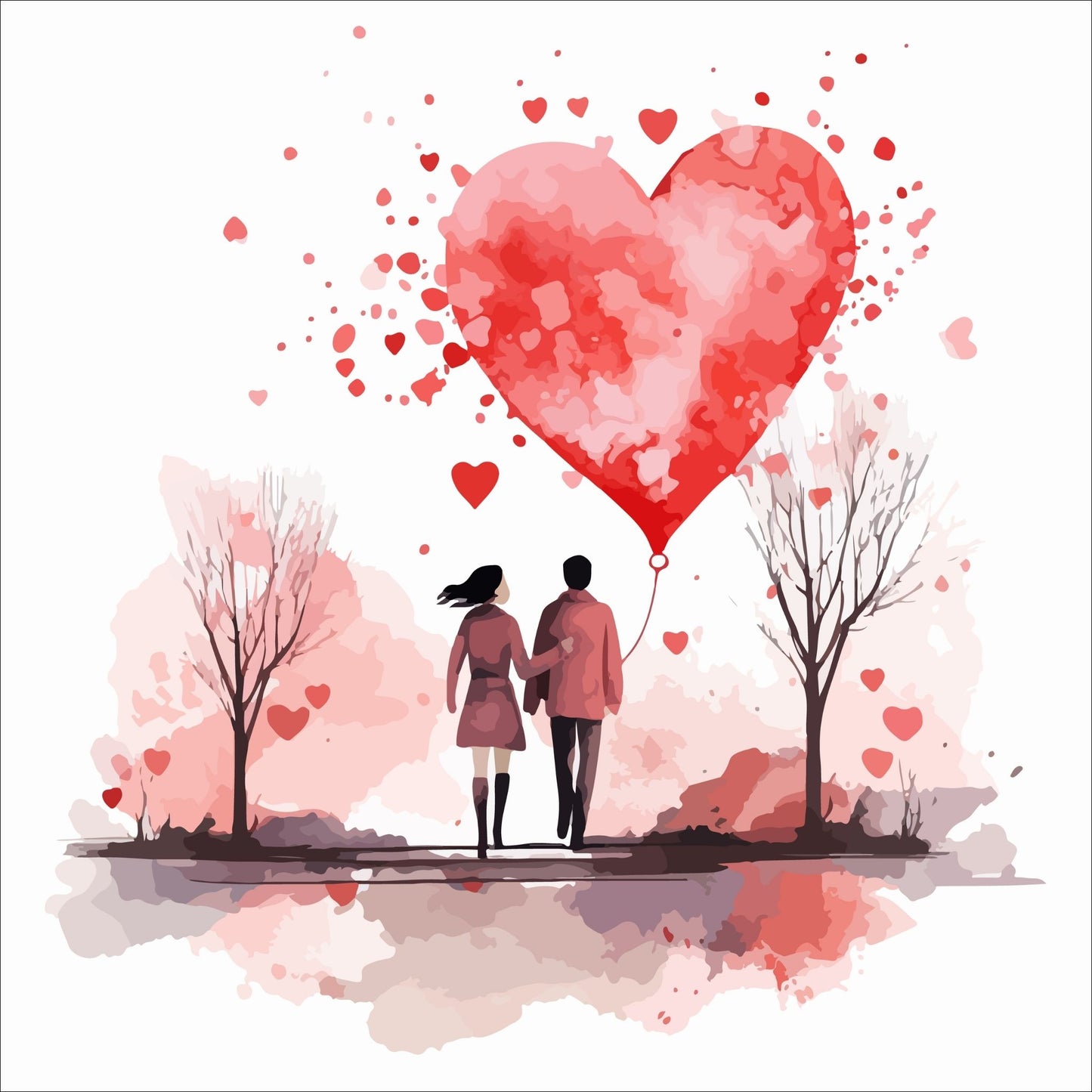 Grafisk kort med kjærestepar, røde hjerter og en stor rød hjerteballong.