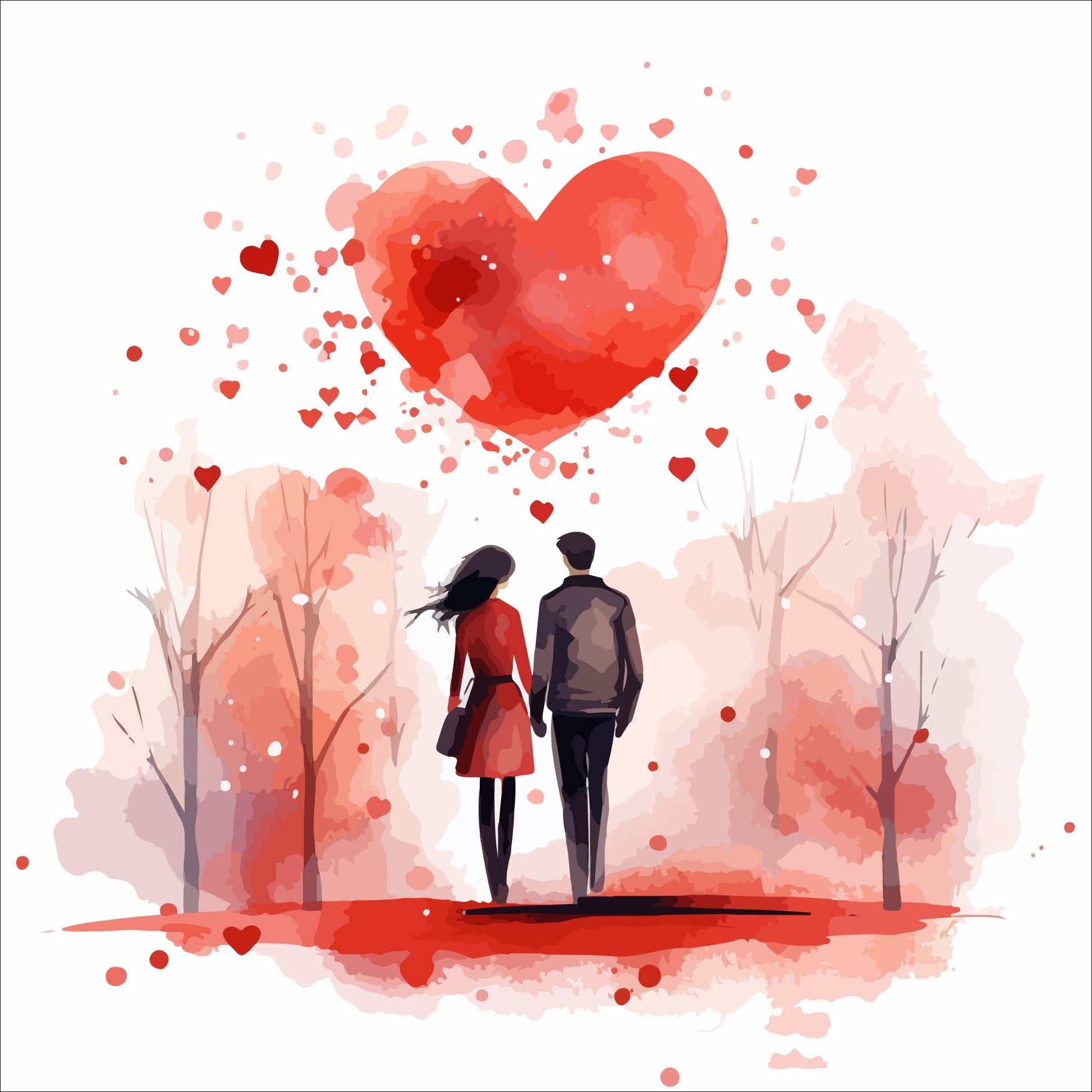 Grafisk kort med kjærestepar og røde hjerter.
