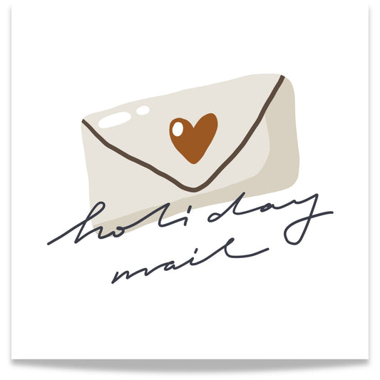 Et søtt og minimalistisk motiv med teksten Holiday Mail, der en liten konvolutt med hjerte symboliserer varme julehilsener.