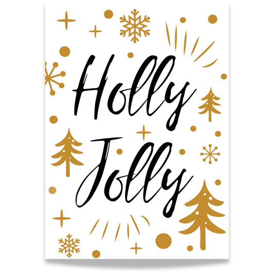 En munter og elegant juleplakat med teksten Holly Jolly omgitt av snøfnugg, trær og stjerner i gyllent og svart. 