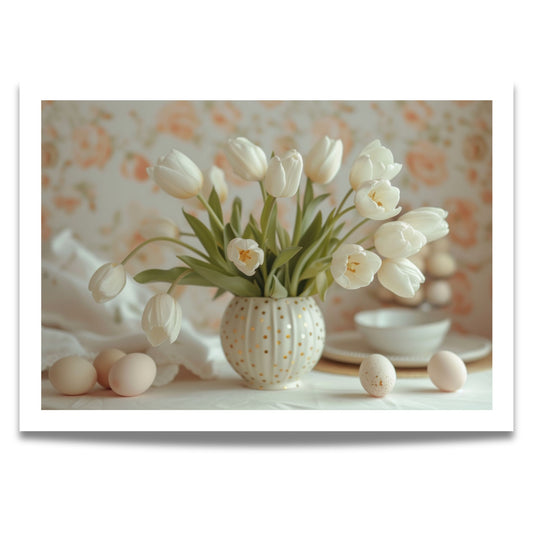 Bildet viser en rund, hvit vase fylt med hvite tulipaner og gullprikker, en perfekt påminnelse om sesongens blomstring. 
