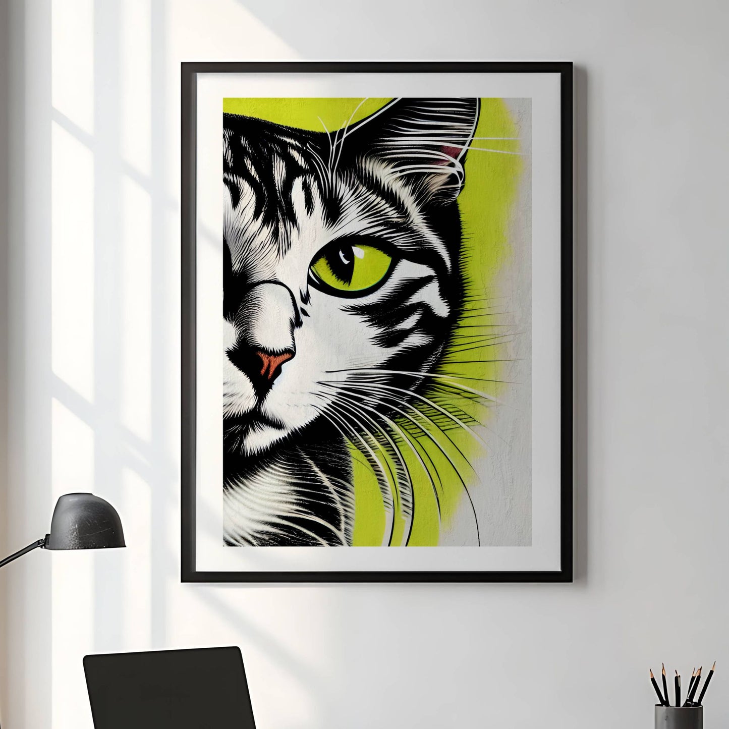 Hypnotic Gaze, en dristig og moderne kunstplakat som skildrer en majestetisk katt i intense detaljer. Illustrasjon viser plakat med hvit kant i sort ramme.