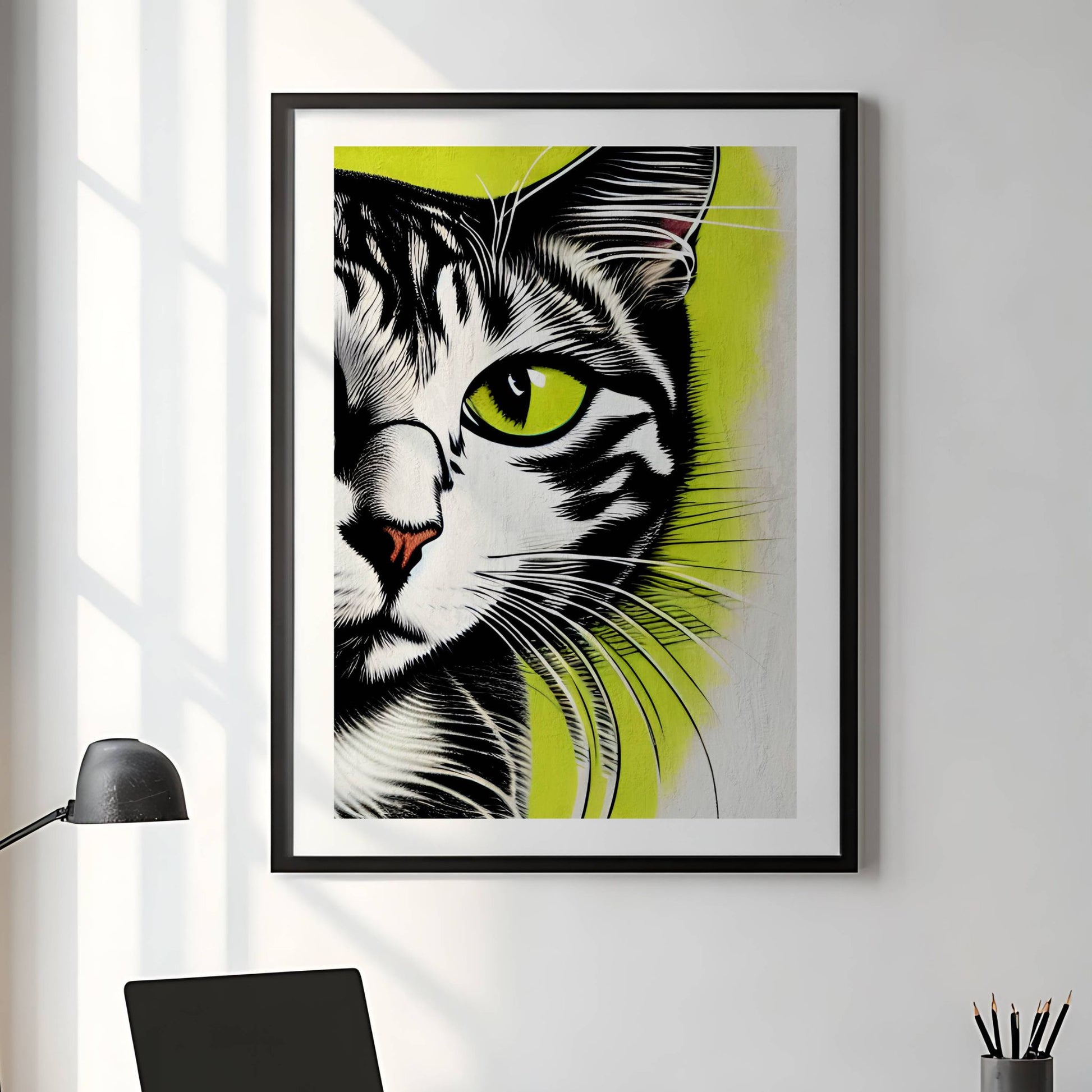 Hypnotic Gaze, en dristig og moderne kunstplakat som skildrer en majestetisk katt i intense detaljer. Illustrasjon viser plakat med hvit kant i sort ramme.
