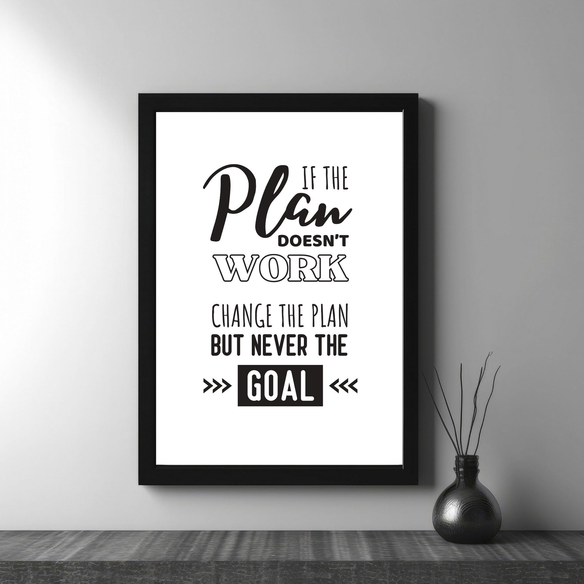 Grafisk tekstplakat med sort skrift på hvit bakgrunn og tekst "If the plan doesn't work, change the plan but never the goal". Illustrasjon viser plakat i sort ramme.