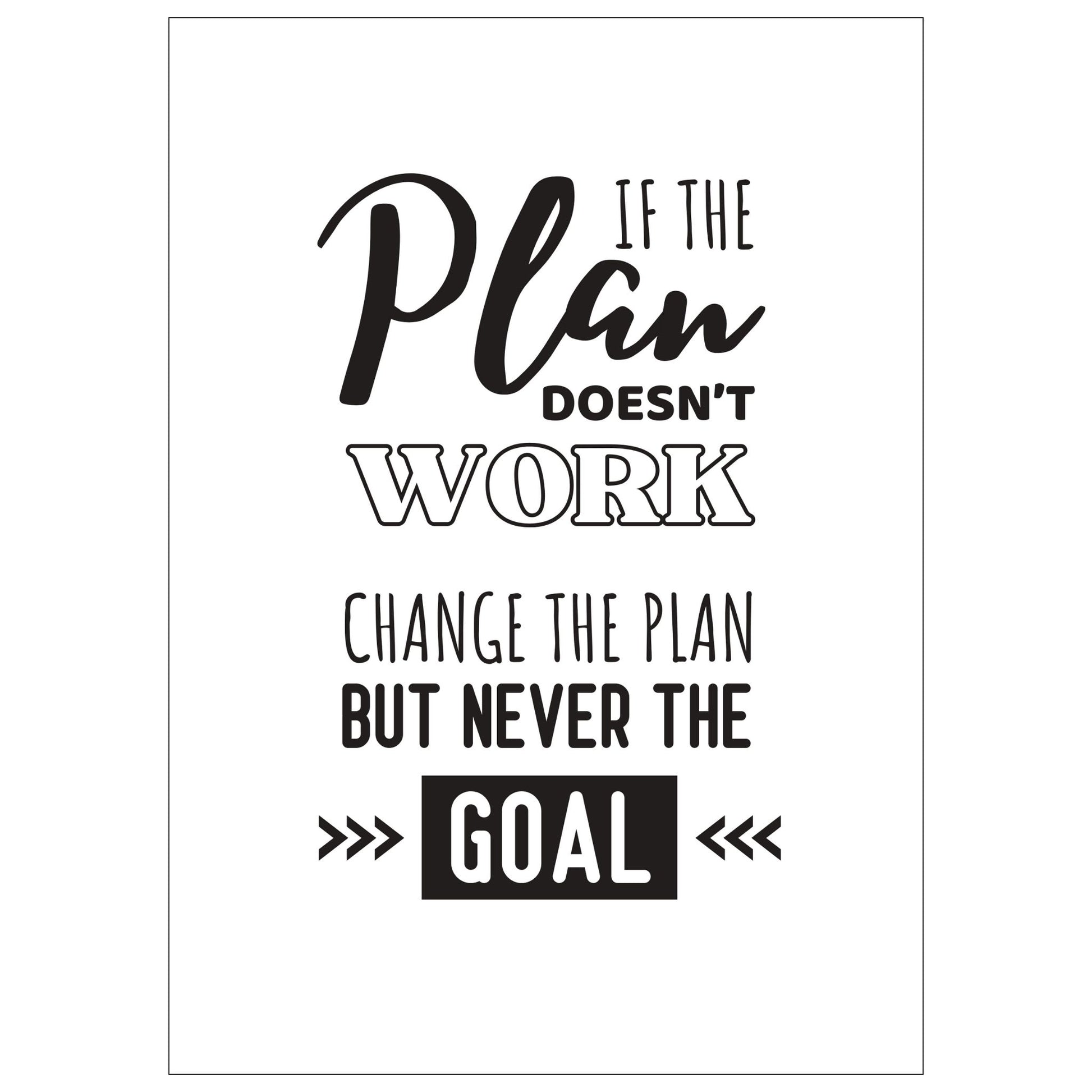 Grafisk tekstplakat med sort skrift på hvit bakgrunn og tekst "If the plan doesn't work, change the plan but never the goal".