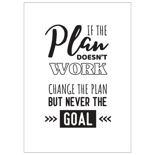 Grafisk tekstplakat med sort skrift på hvit bakgrunn og tekst "If the plan doesn't work, change the plan but never the goal".