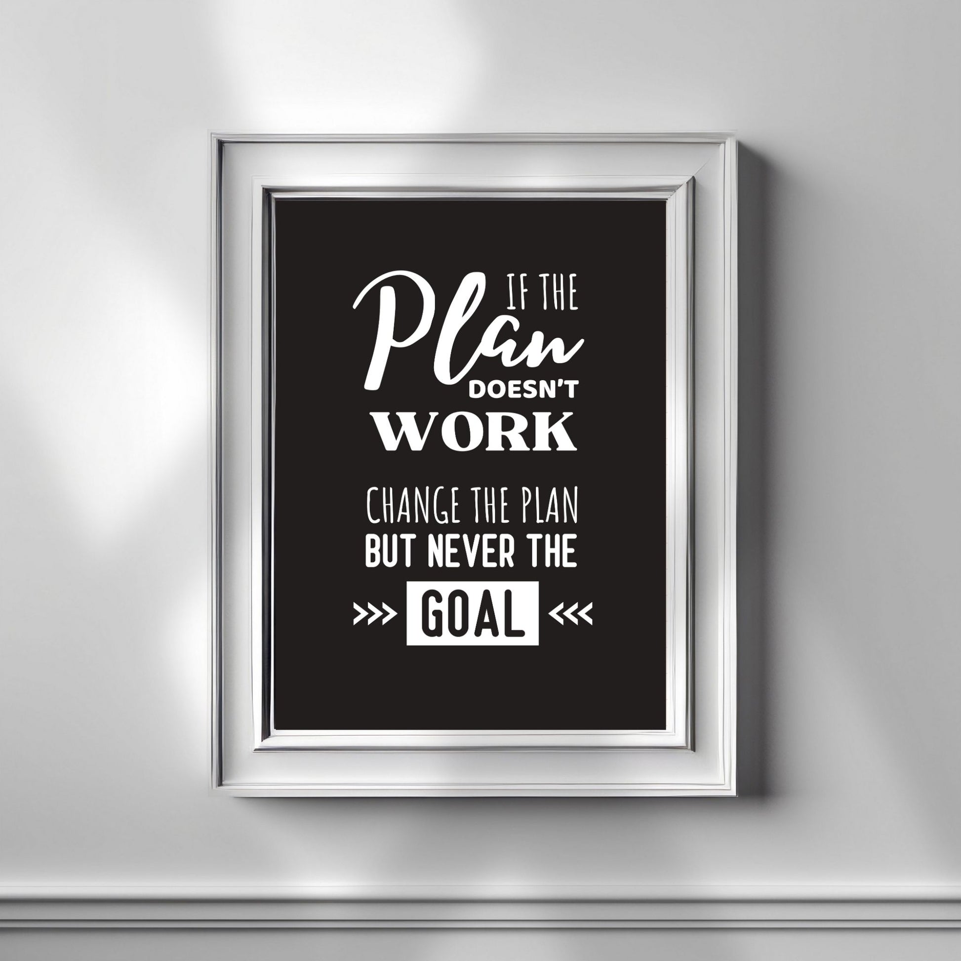 Grafisk tekstplakat med hvit skrift på sortbakgrunn og tekst "If the plan doesn't work, change the plan but never the goal". Illustrasjon viser plakat i hvit ramme.
