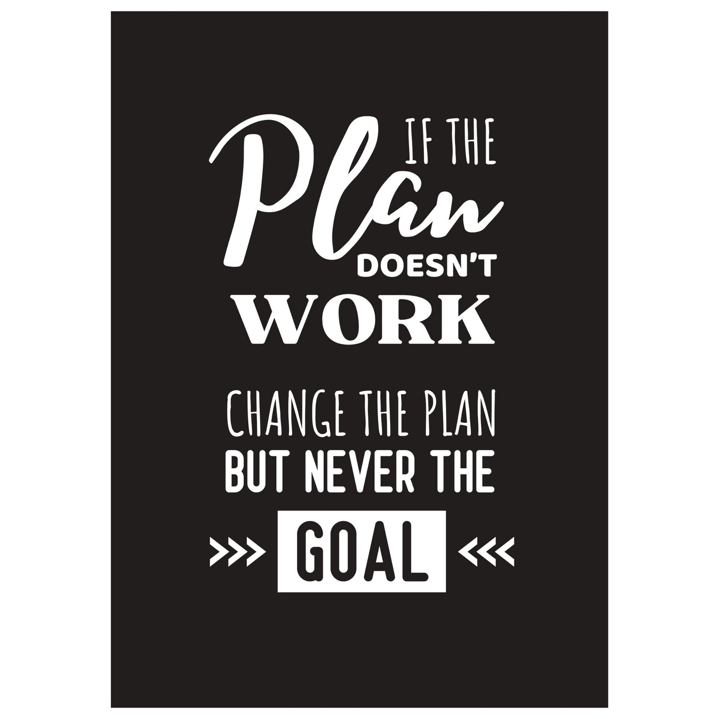 Grafisk tekstplakat med hvit skrift på sortbakgrunn og tekst "If the plan doesn't work, change the plan but never the goal". I