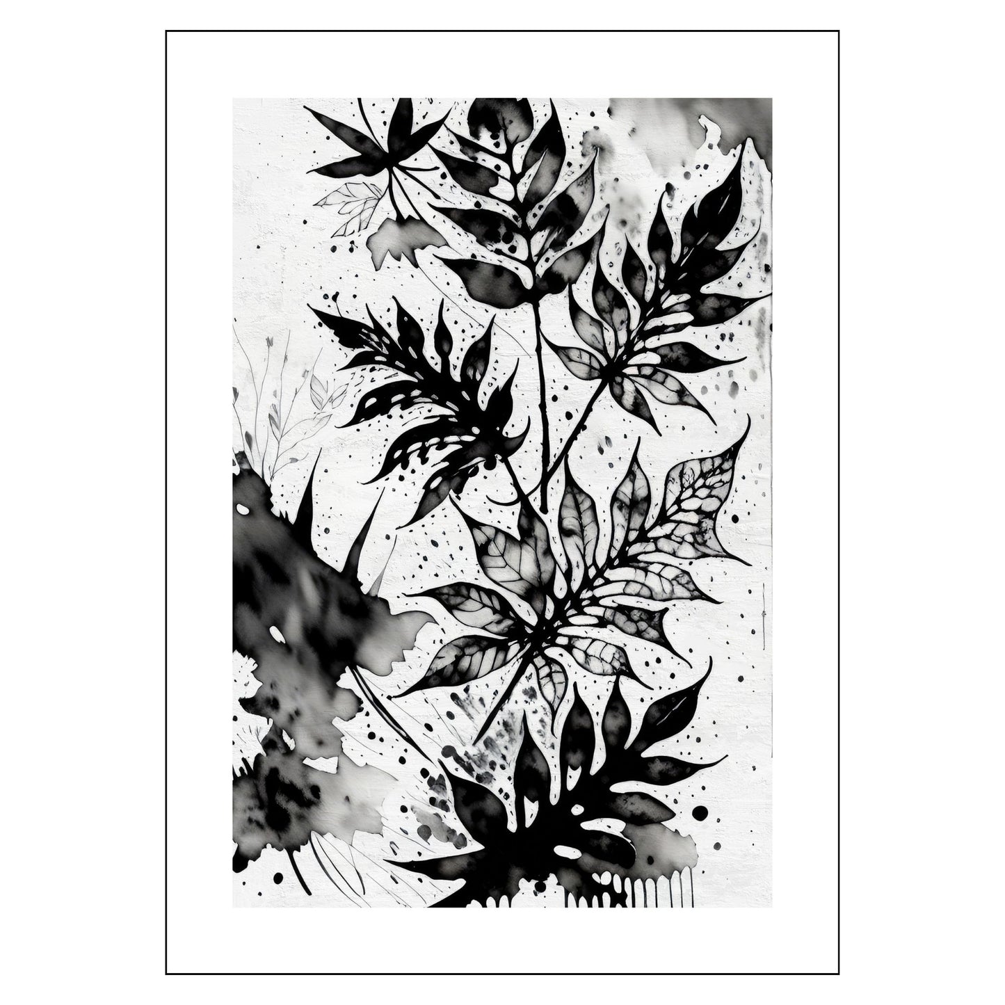 Grafisk plakat i abstrakt, floralt mønster i sort-hvitt. Plakaten har en dekorativ hvit kant.  