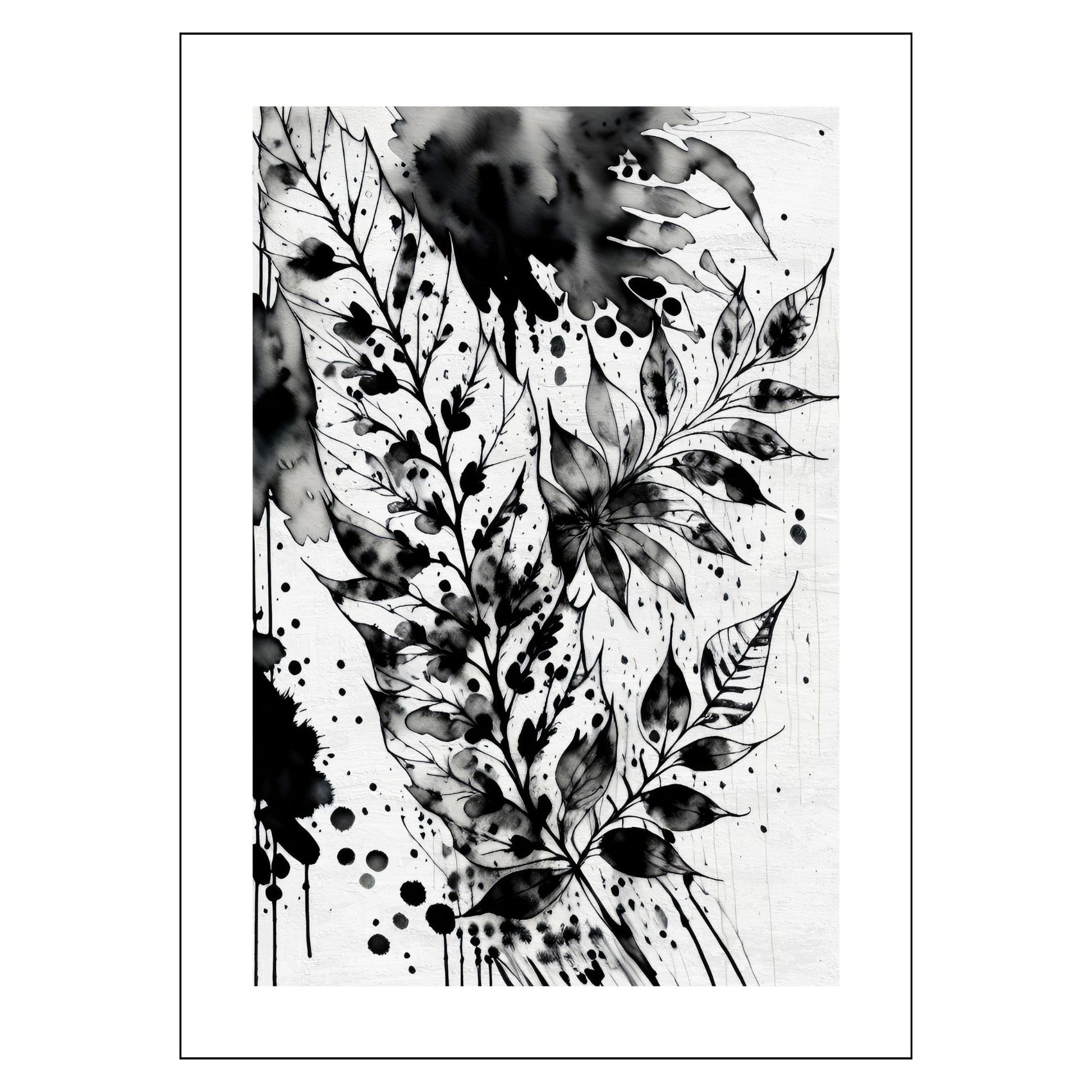 Grafisk plakat i abstrakt, floralt mønster i sort-hvitt. Plakaten har en dekorativ hvit kant.  