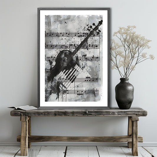 Grafisk illustrasjon som fremhever skjønnheten og elegansen til klassiske musikkinstrumenter som fiolinen og pianoet, satt mot en bakgrunn av delikate notearrangementer. Illustrasjonen viser motivet som plakat i mørk ramme.