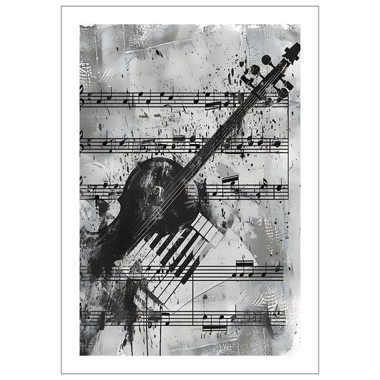 Grafisk illustrasjon som fremhever skjønnheten og elegansen til klassiske musikkinstrumenter som fiolinen og pianoet, satt mot en bakgrunn av delikate notearrangementer.