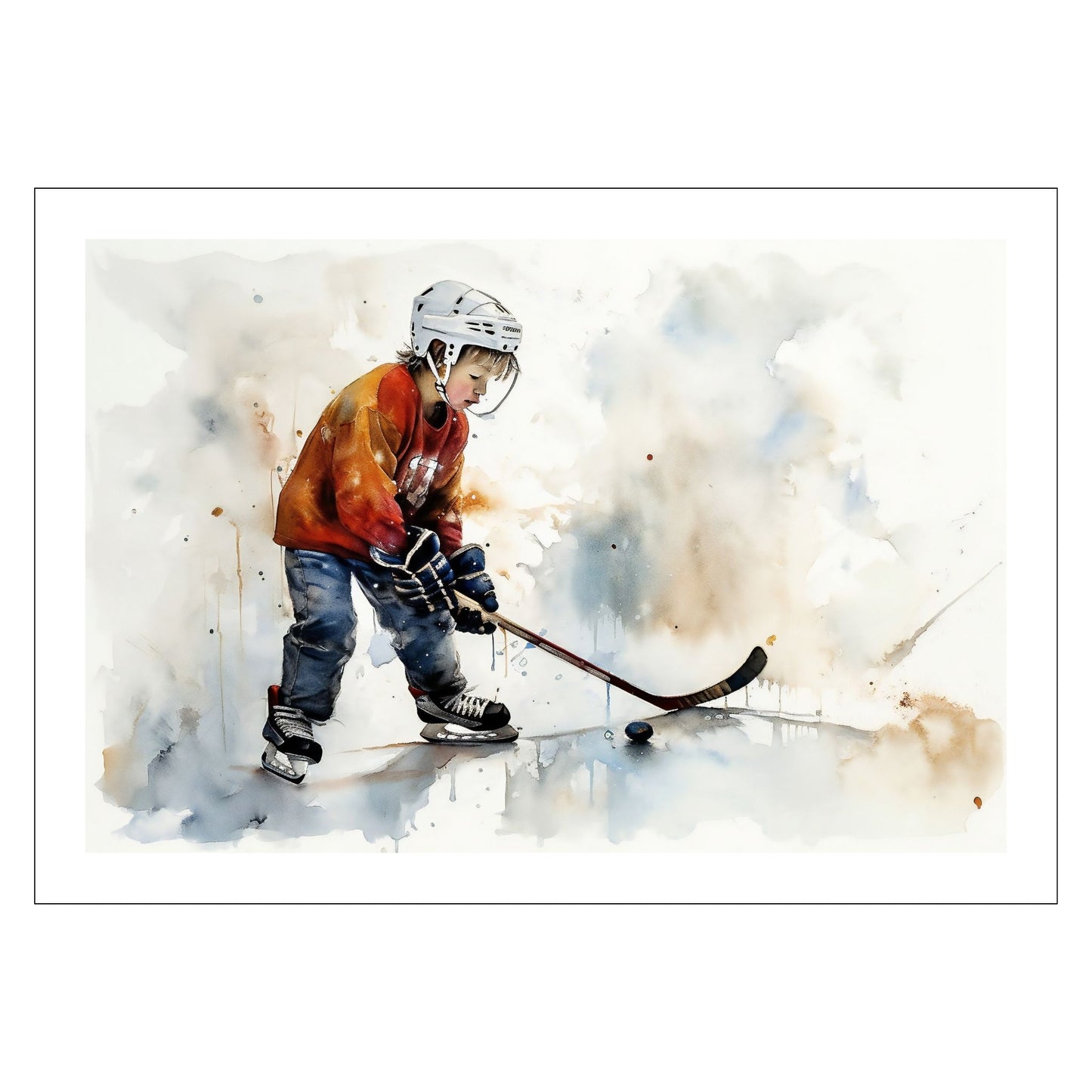 Grafisk akvarell av en gutt i rød genser som spiller ishockey. Motivet fås som plakat og lerret.