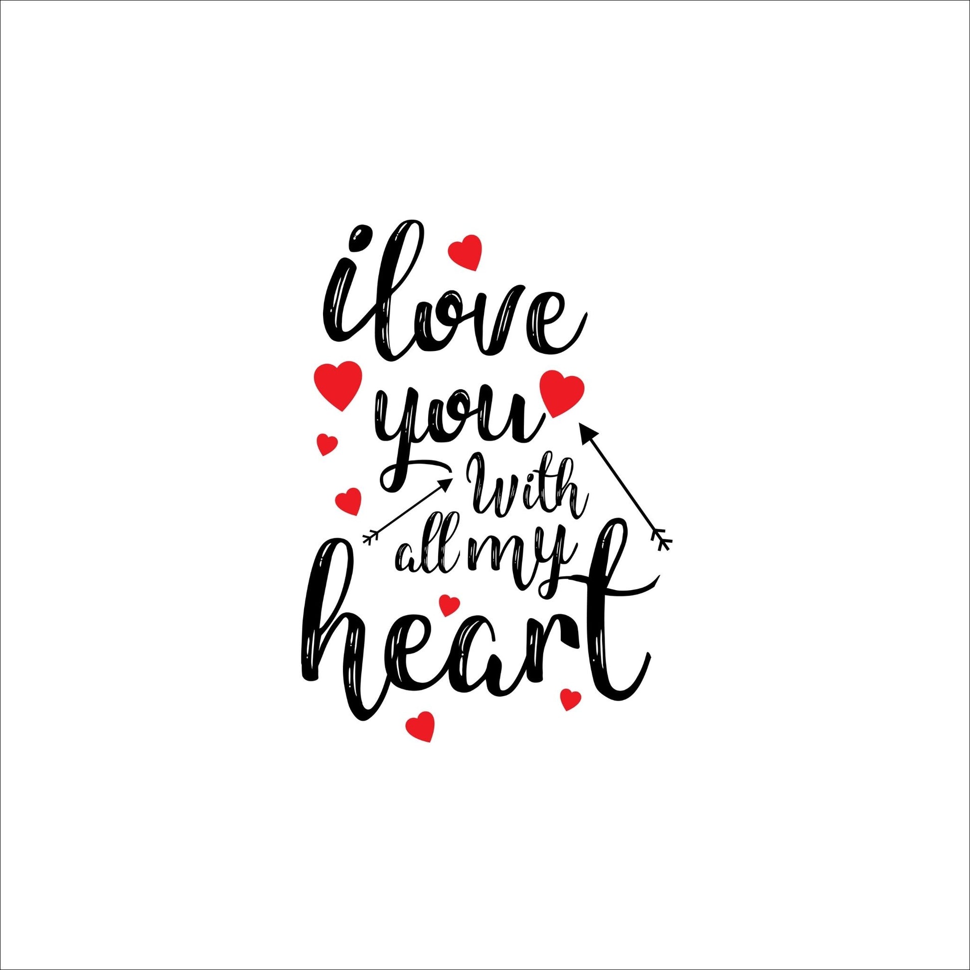 Grafisk kort - hvitt med påskrift tekst "I Love You with All My Heart" og røde, små hjerter.