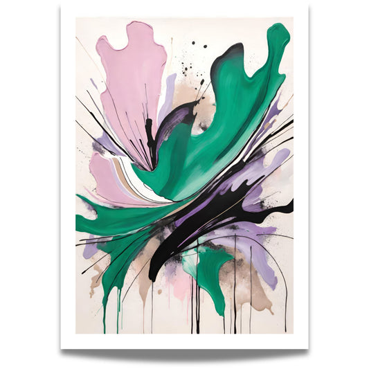 Ink Bloom – abstrakt plakat i moderne stil er en kraftfull og ekspressiv kunstplakat som kombinerer sterke penselbevegelser med flytende fargefelt i grønt, rosa, lilla og sort. 