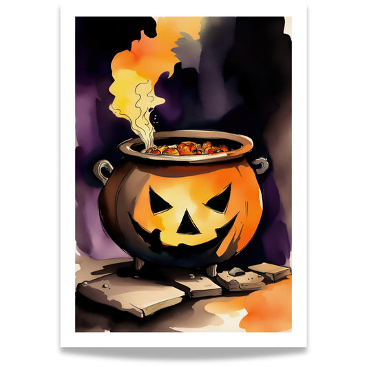 Gjør din Halloween-dekorasjon ekstra magisk med Jack-O'-Lantern Cauldron, en Halloween-plakat som viser en glødende gryte formet som et Jack-O'-Lantern, fylt med mystiske ingredienser.