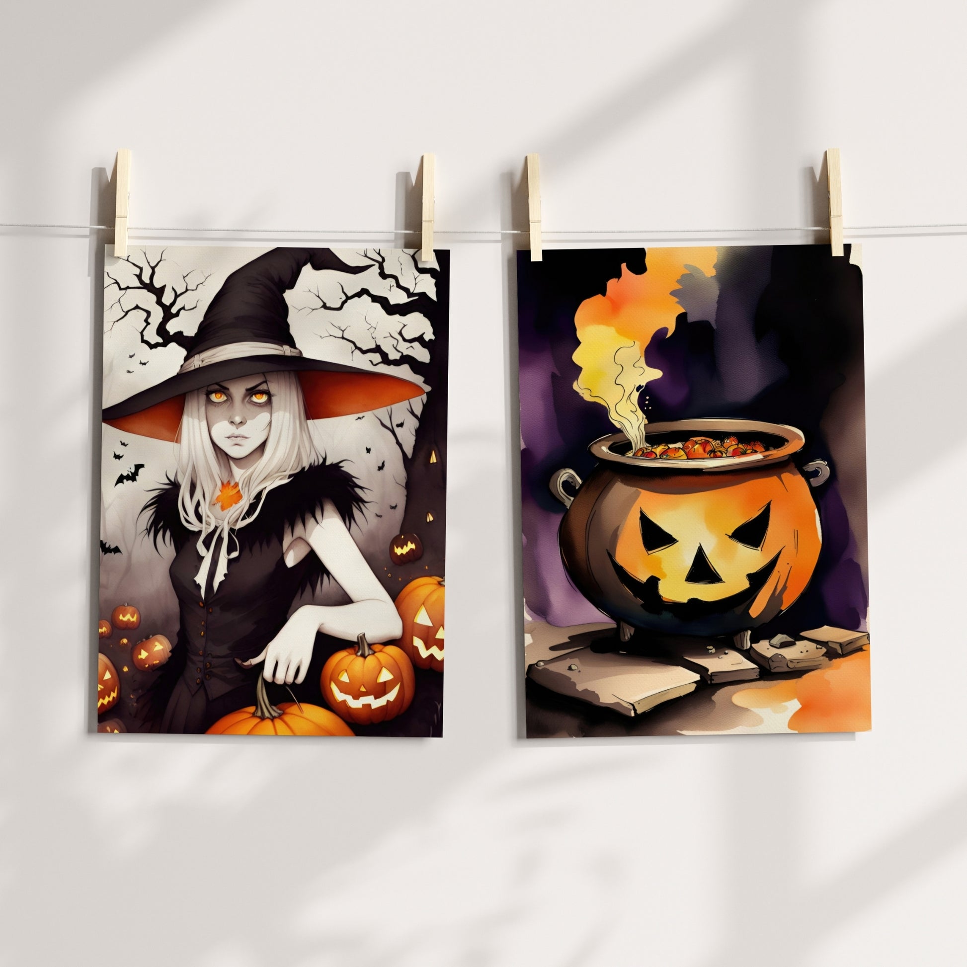 Gjør din Halloween-dekorasjon ekstra magisk med Jack-O'-Lantern Cauldron, en Halloween-plakat som viser en glødende gryte formet som et Jack-O'-Lantern, fylt med mystiske ingredienser. Illustrasjon viser plakat på print hengt opp med klyper på en snor.