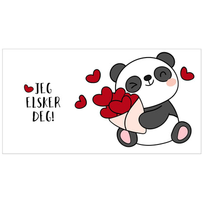 Trykkillustrasjon av en smilende panda som holder en bukett med røde hjerter, sammen med teksten "I LOVE YOU".  