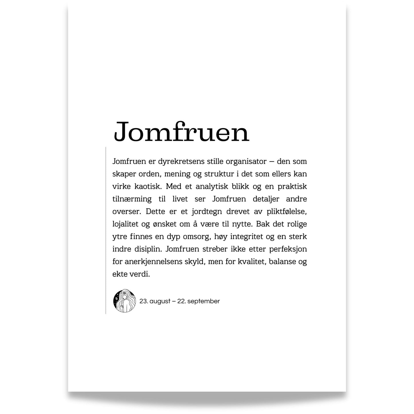 Minimalistisk stjernetegnplakat for Jomfruen med typografisk tekst og rolig, nordisk uttrykk