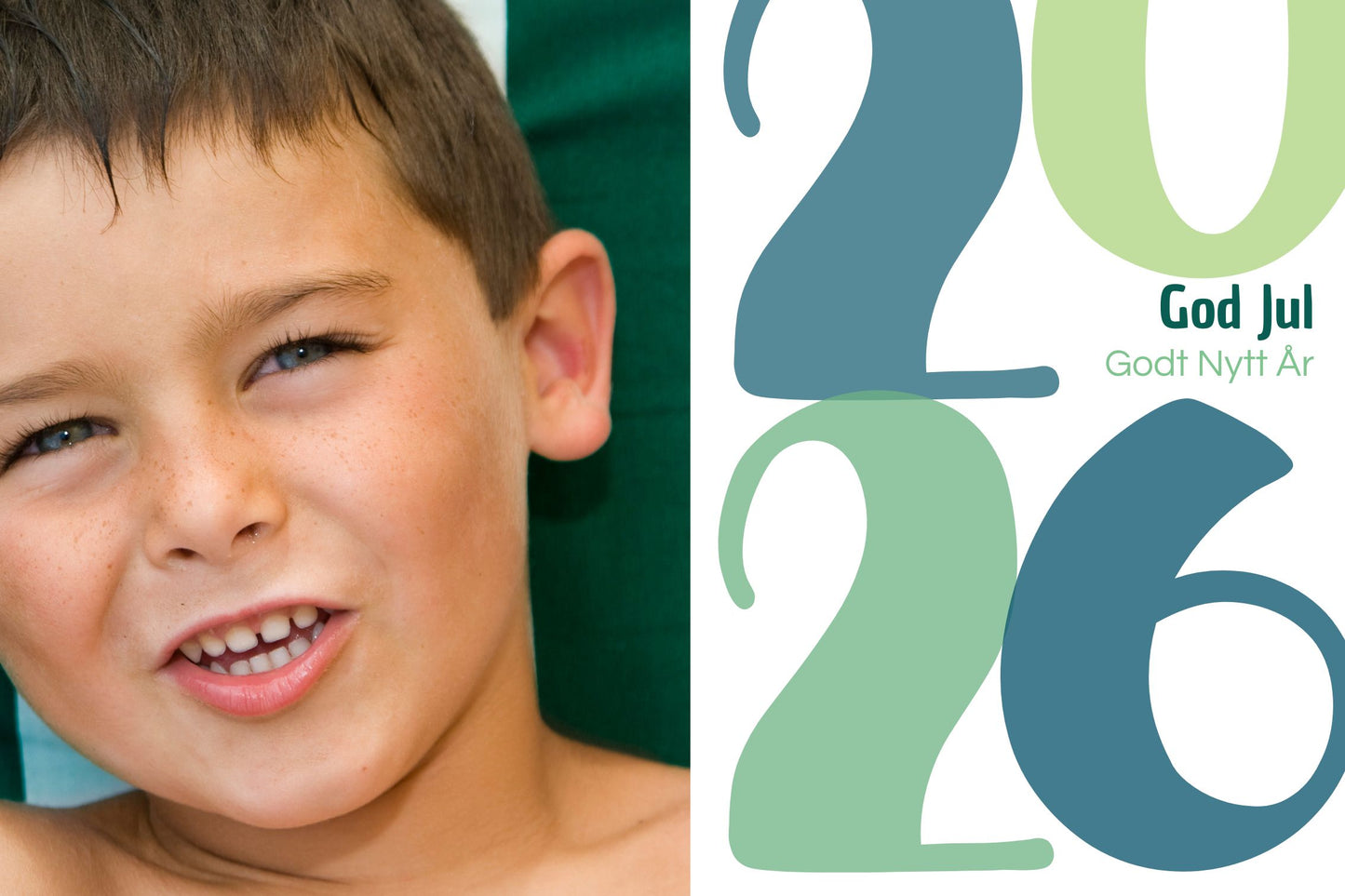 Julekort i størrelse 15x10 cm. En halvdel av kortet er for ditt personlige bilde, den andre halvdelen består av julekuler i grafisk motiv.